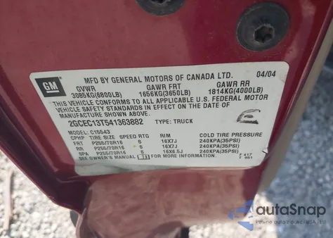 2004 Chevrolet Silverado 1500 Lt из США, поврежденный, VIN 2GCEC13T541363882